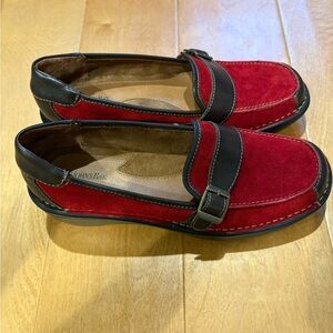 St. John's Bay Rae red suede and brown leather buckle slip-on loafers shoes 8.5